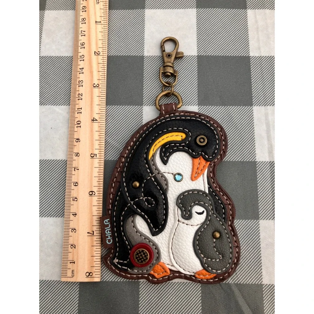 Chala Penguin And Baby Coin Purse Keychain Women Brown Faux Leather Bag Charm